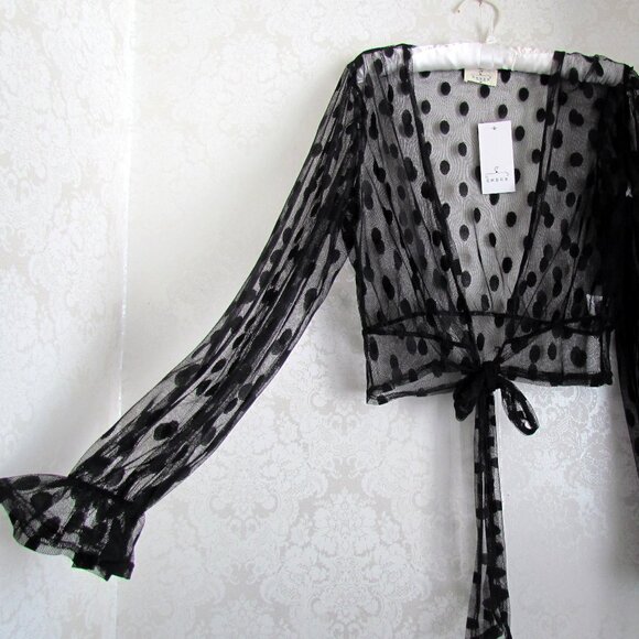 SHEER BLACK JACKET WRAP, M, BLACK POLKA DOTS, EMBER NWT LONG SLEEVES - Picture 1 of 9
